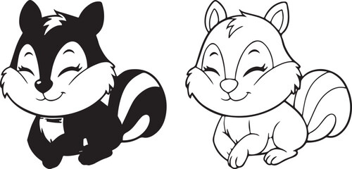 Adorable cartoon skunk and squirrel set in black and white, line art for coloring book