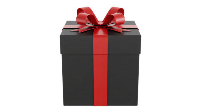 Elegant black gift box with vibrant red ribbon and bow, perfect for celebrations and special occasions, ready for your creative use.
