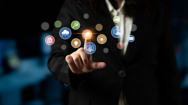 Set of business and digital service icons representing finance, cloud, analytics, email, communication, ecommerce, cybersecurity, and global connectivity in a modern ecosystem Latch - Powered by Adobe