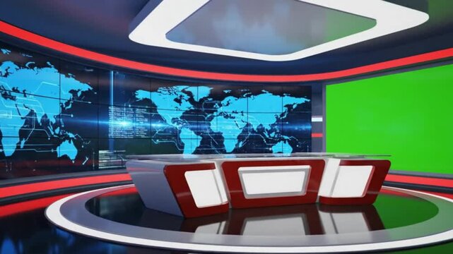Virtual News Studio Background Modern Broadcast Set with 3D Anchor Desk, Digital World Map, and Chroma Key Green Screen