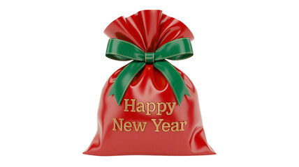 Festive red gift bag with golden 'Happy New Year' text and elegant green bow, perfect for holiday celebrations and seasonal promotions