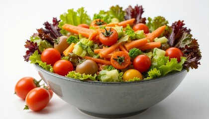 Mixed Vegetables Bowl with Lettuce, Carrots, and Cherry Tomatoes on White Background