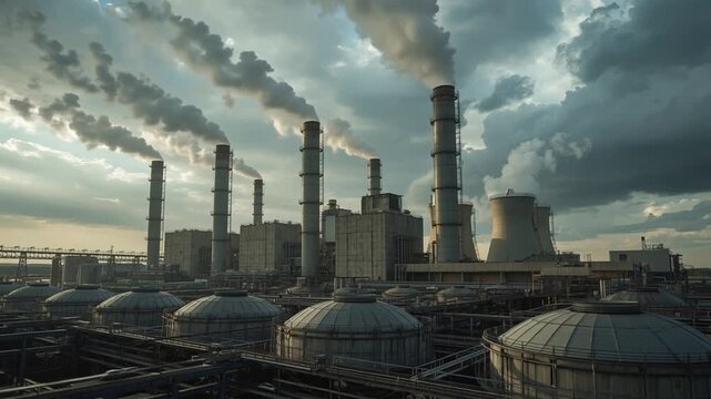 Large industrial power plant with cooling towers releasing heavy smoke and steam into the environment