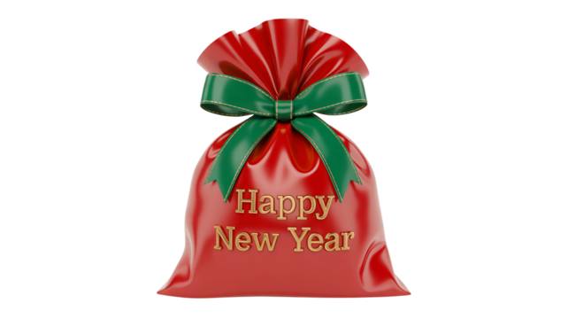 Festive red gift bag with golden 'Happy New Year' text and elegant green bow, perfect for holiday celebrations and seasonal promotions