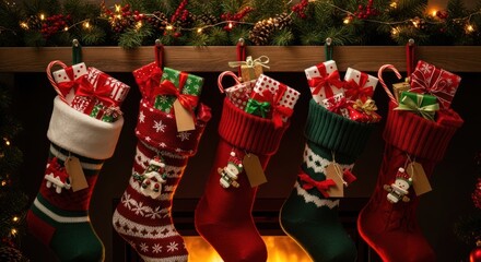 Festive christmas stockings filled with gifts hanging on a fireplace mantelpiece