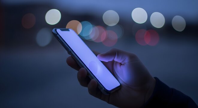 Close-up of a hand holding a smartphone at night, illuminated screen visible.