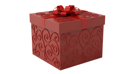 Elegant red gift box with ornate swirl embossing and a classic ribbon bow, perfect for celebrations and special occasions.