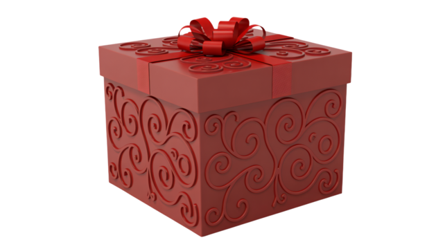 Elegant red gift box with ornate swirl embossing and a classic ribbon bow, perfect for celebrations and special occasions.