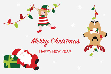 Santa, Elves and reindeer with Christmas light card