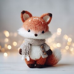 Mini knitted fox toy, cute and kind in a beige cardigan and fluffy scarf. Winter knitted fox.