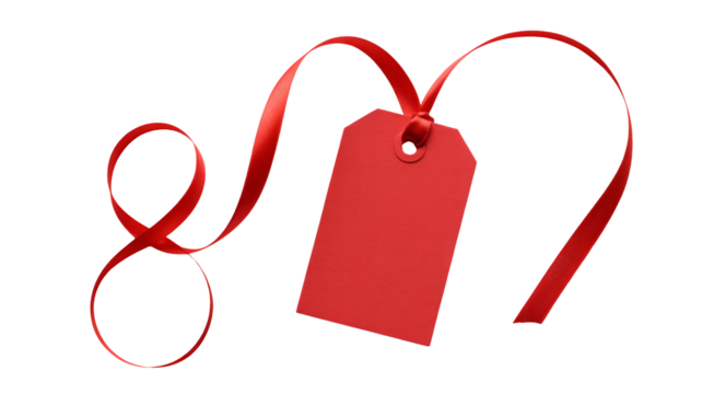 Elegant red ribbon curls around blank gift tag creating a festive and celebratory feel perfect for any special occasion - Powered by Adobe