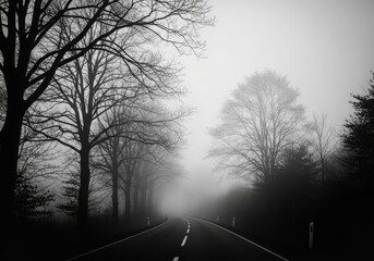 A foggy morning road surrounded by trees with soft natural blur and muted tones, evoking calm and mystery.