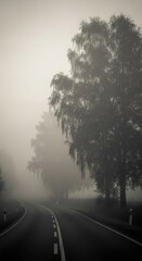 A foggy morning road surrounded by trees with soft natural blur and muted tones, evoking calm and mystery.