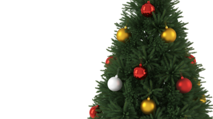 Festive Christmas tree adorned with shiny red, gold, and white ornaments, ready for holiday celebrations and winter marketing campaigns