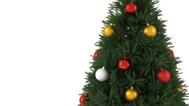 Festive Christmas tree adorned with shiny red, gold, and white ornaments, ready for holiday celebrations and winter marketing campaigns