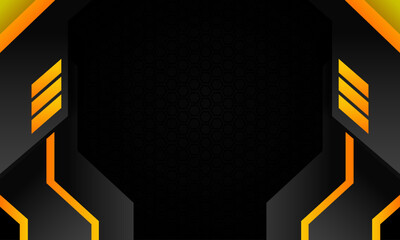 Black and neon green geometric background design. The design features a hexagonal pattern in the background and layered, angular shapes in the foreground. vector