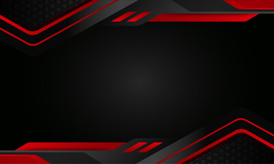 Black and neon red geometric background design. The design features a hexagonal pattern in the background and layered, angular shapes in the foreground. vector