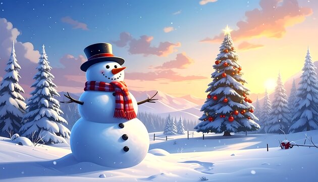 Snowy winter scene featuring a snowman with a top hat and scarf, standing near a decorated Christmas tree with a glowing star on top