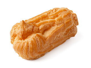Delicious eclair pastry showcased on a white background highlighting its golden-brown color and creamy filling