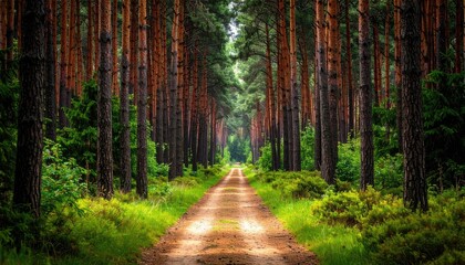 Obraz premium Dirt Road Through a Lush Green Pine Forest Illuminated by Warm Sunlight