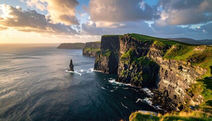 Dramatic Cliffs of Moher Coastal Landscape at Sunset with Crashing Waves and Verdant Green Grass Under a Cloudy Sky