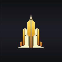 Golden skyscraper logo design with a central tower and two side buildings on dark background