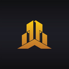 Abstract golden building logo with geometric shapes on a dark background for real estate