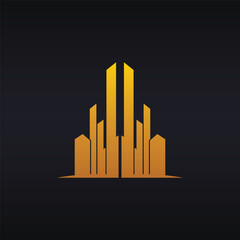 Golden cityscape logo with symmetrical buildings on a dark background for urban development
