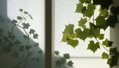 Minimalist still life scene with clean modern aesthetic, dramatic window shadows and warm natural light on neutral wall, editorial-style product backdrop