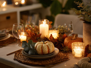 Naklejka premium Cozy Autumn Table Setting with Candles and Pumpkins