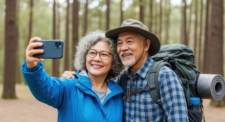 Mature couple taking selfie in a forest with smartphone. A warm and genuine moment captured. Active seniors, outdoor lifestyle, travel photography.