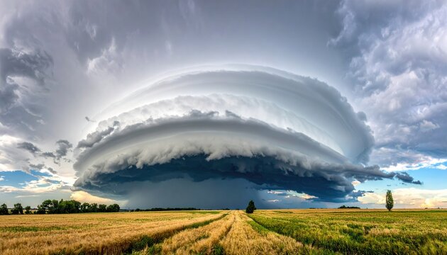 Dramatic Supercell Thunderstorm Cloud Formation Over a Golden Wheat Field Under a Vast Sky