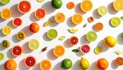 Assortment of Fresh Citrus Slices and Whole Fruits Scattered on a White Surface Under Bright Sunlight Casting Shadows