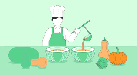 Chef Preparing Gourmet Soup Inside Cantaloupe, Fresh Vegetables, Healthy Food Concept