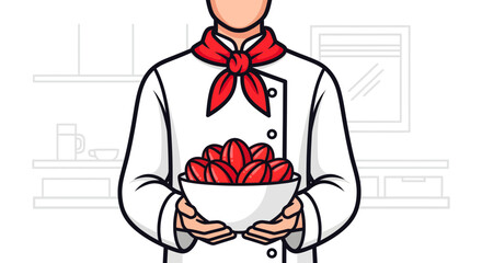 Chef Presenting a Bowl of Fresh Red Tomatoes in A Clean Restaurant Kitchen Cartoon