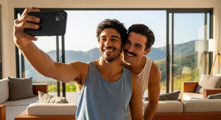 Two men taking a selfie with a smartphone indoors near large windows. A candid moment of joy and friendship. . Modern lifestyle, happy couple, summer mood.