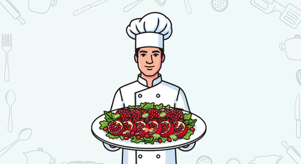Chef Presenting Garnished Pomegranate Dish with Culinary Tools Outline for Presentation