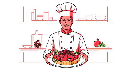 Chef Presenting Delicious Fruit Tart in Professional Culinary Environment Illustration