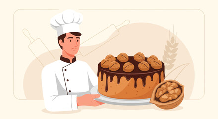 Chef Presenting Delightfully Decorated Cake Garnished With Walnuts Presentation in Illustration