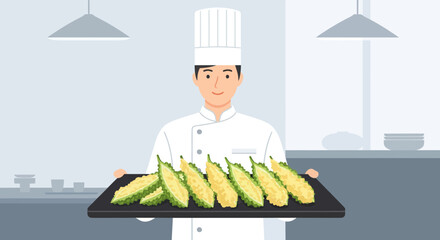 Chef Presenting Gourmet Bitter Melon Dishes: A Culinary Composition for Fine Dining