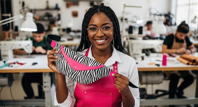 Smiling woman holding zebra print fanny pack in workshop. A bright portrait of creativity and craftsmanship. Fashion design, ethical production, handmade accessories.