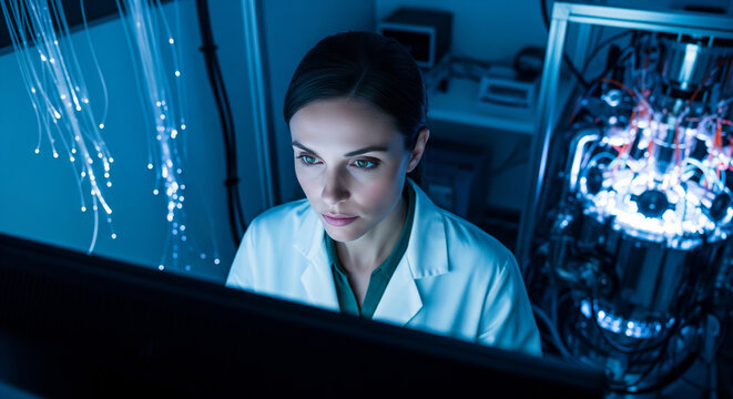 Female scientist analyzing advanced data in a futuristic research laboratory