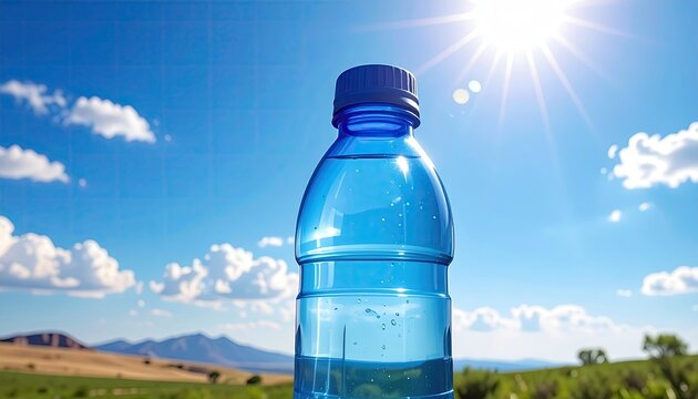 Clear blue plastic water bottle with cap in bright sunlight against a vibrant blue sky with fluffy white clouds and distant mountains and green fields hydration and refreshment outdoors