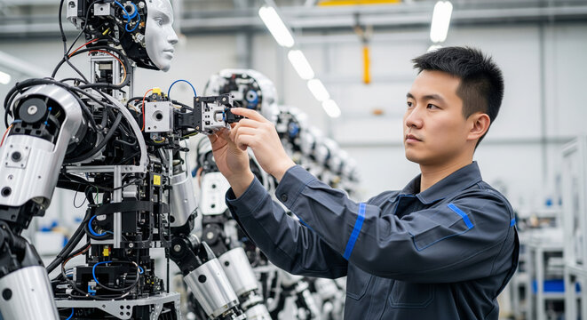 Asian engineer fine-tuning the components of an advanced humanoid robot in a modern facility.