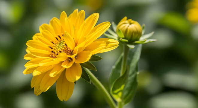 Close up shot of a bright yellow flower with a bud against a blurred green background - Powered by Adobe