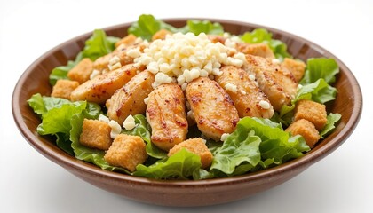 Fototapeta premium Bowl of Caesar salad with lettuce, croutons, grilled chicken, and parmesan cheese, isolated on white background