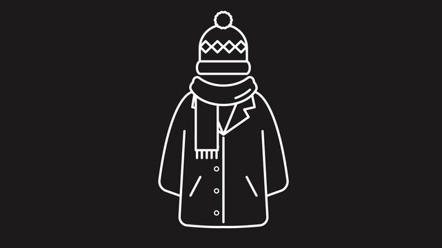 Animated winter jacket and hat white line icon on dark background. Warm clothing animation for cold weather season. Outerwear protection, cozy apparel, snow outfit, winter fashion concept.