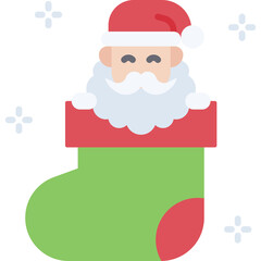 Flat Design Santa Claus Face Peeking Out of a Green Christmas Stocking with Red Trim and Sparkles on a Transparent Background