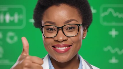 Smiling African American Female Doctor or Medical Professional Giving Thumbs Up Gesture on Green Screen Background with Medical Icons.