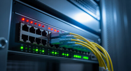 Network server rack with fiber optic cables and blinking LED indicator lights